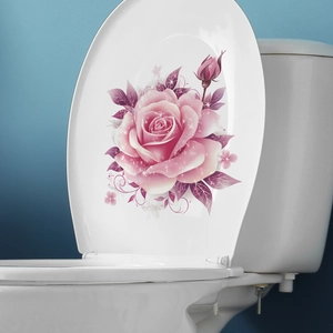 Pink rose flower toilet lid sticker with glitter and purple leaves for bathroom decor