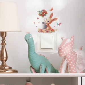 Cartoon rabbit and flowers wall sticker for home switch decoration in child's bedroom