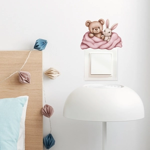 Cute cartoon bear and rabbit wall sticker for light switch decoration in cozy bedroom