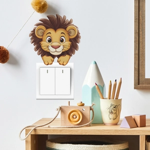 Cute cartoon lion wall sticker for home decor above white light switch panel