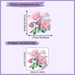 Peony floral wall sticker display with precise layout dimensions and product sheet details