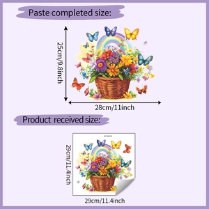 Détail montrant les dimensions du sticker mural autocollant avec panier de fleurs et papillons