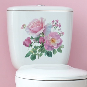 Peony Rose Flower Toilet Sticker Bathroom Decor Pink Floral Self Adhesive PVC Lid Decal For Home Washroom Decoration