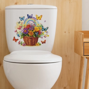 Sticker de toilette avec panier de fleurs et papillons pour décoration murale
