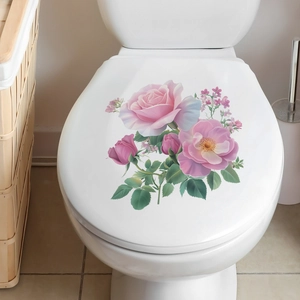 Peony flower toilet lid wall sticker with pink roses for bathroom home decoration