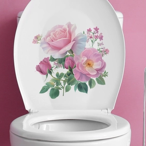 Peony floral wall sticker for bathroom toilet lid decoration with pink roses