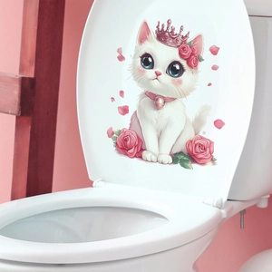 Simpatico Gatto Cartone Animato Con Corona Rosa Rosa Fiore Adesivo Per Coperchio WC Removibile PVC Autoadesivo Bagno Decalcomania