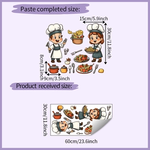 Detailed size guide for chef wall stickers showing 60x30cm layout and finished 30x15cm view