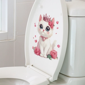 Adesivo per gattino cartone animato con corona rosa e rose su un coperchio del water