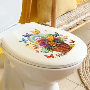 Sticker décoratif pour couvercle de toilette avec panier de fleurs, arc-en-ciel et papillons