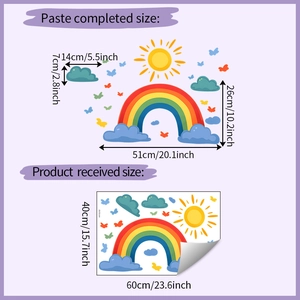 Cartoon rainbow wall sticker layout showing product sheet and finished assembly dimensions