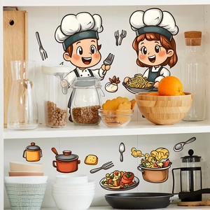 Cartoon Chef Food Kitchen Wall Stickers PVC Self Adhesive Removable Decal For Restaurant Home Dining Room Decor HY-B133