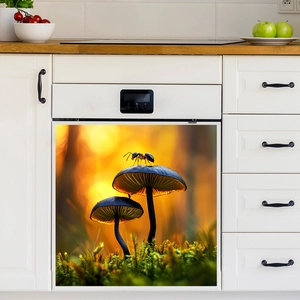 Self-adhesive dishwasher decal featuring blue mushrooms and an ant in a sunset garden