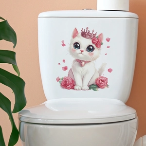 Adesivo decorativo gatto cartone animato principessa e rose rosa per arredo bagno e pareti