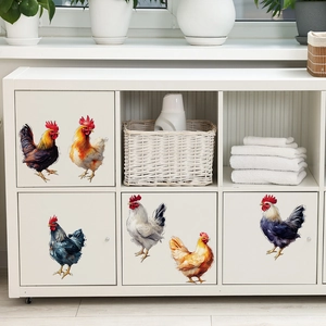 Adesivi murali autoadesivi con galli e galline decorativi per armadietto da cucina bianco