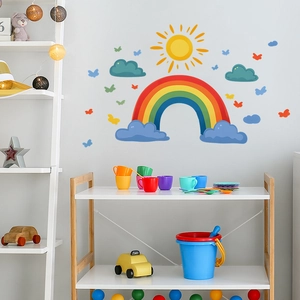 Cartoon rainbow, sun and cloud wall stickers set with butterflies for kids bedroom decor