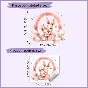Plan détaillé des dimensions pour autocollant mural lapin arc-en-ciel et guide de pose