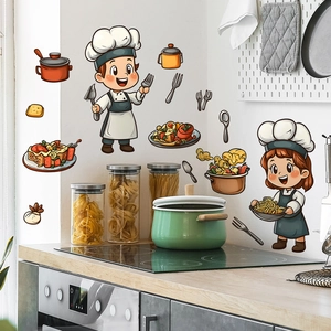 Cartoon chef kitchen wall stickers with food elements for home restaurant decor