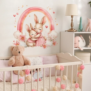 Stickers muraux aquarelle lapin et arc-en-ciel rose pour déco de chambre d'enfant