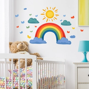 Cartoon rainbow and sun wall stickers for kids nursery bedroom decor with clouds and butterflies