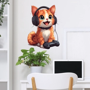Cute orange cat wall decal with headphones and gamepad for gaming room decor
