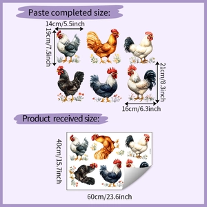 Detail of six rooster wall stickers with floral accents and 40x60cm layout dimensions