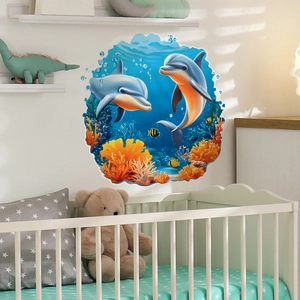 Self-adhesive dolphin wall sticker with coral reef for nursery and bedroom decor