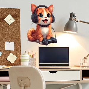 Cute cartoon cat wall sticker with gaming headphones and controller for bedroom decor