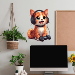 Cartoon orange cat wall sticker with gaming headphones and controller for home decor