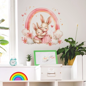 Stickers muraux lapin arc-en-ciel à l'aquarelle pour décoration de chambre d'enfant