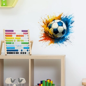 Colorful soccer ball wall decal with dynamic ink splash effect for modern room decor