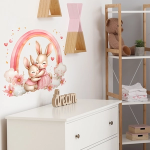 Sticker mural lapin arc-en-ciel avec cœurs et étoiles pour décor de pépinière