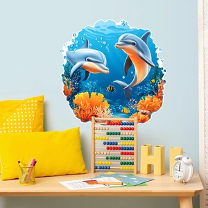 Ocean world wall decal featuring blue dolphins and colorful coral reef for kids room