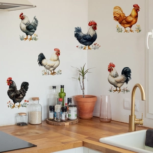 Colorful rooster wall decals set of 6 in modern kitchen scene with rustic farmhouse style