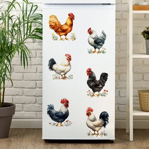 Colorful rooster wall decals set applied to a white refrigerator in a modern kitchen