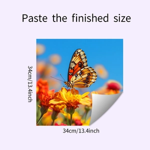 Detailed view of flower and butterfly wall sticker with 34x34cm size specifications