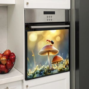 Kitchen dishwasher cover featuring red ant on brown mushroom nature photography sticker