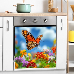 Macro detail of floral and butterfly self-adhesive sticker on kitchen oven door