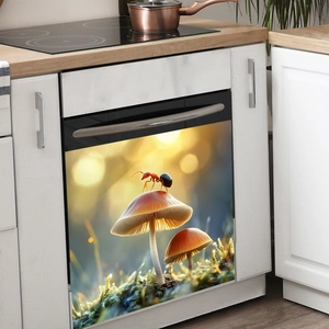 Self-adhesive dishwasher magnet cover with mushroom and ant nature photography design