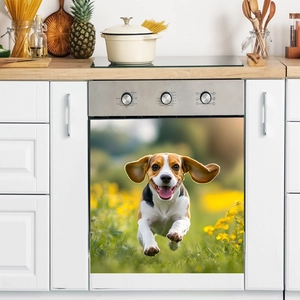 Beagle puppy in flower field magnetic dishwasher cover decal for kitchen decor