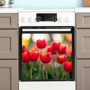 Self-adhesive red tulip floral wall sticker for kitchen oven and cabinet decoration