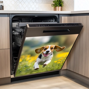 Running Beagle dog dishwasher magnetic decorative sticker with yellow flower meadow scene
