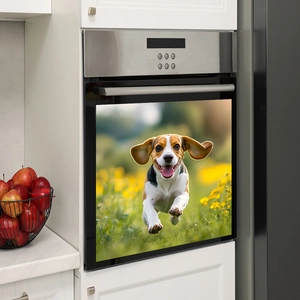 Beagle dog and yellow flowers decorative vinyl sticker on a modern kitchen oven door