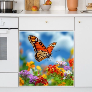 Floral butterfly wall sticker for kitchen cabinets with monarch butterfly and colorful blooms