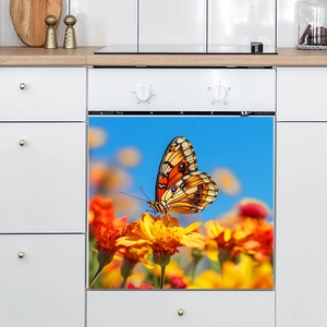 Self-adhesive floral wall sticker with butterfly and yellow daisy on kitchen oven door