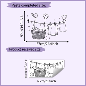 Detailed size guide for wall decal featuring laundry line birds and dimension specifications