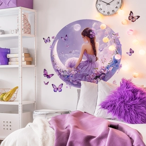 Dreamy moon girl and flowers wall sticker with butterflies for bedroom wall decor