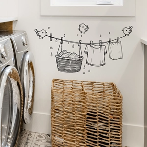 Cartoon style laundry line wall sticker with birds and laundry basket for home decoration