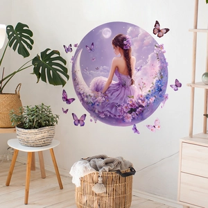 Dreamy moon girl with flowers and purple butterflies wall sticker for home bedroom decor