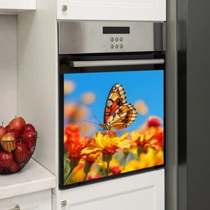 Detail of floral butterfly wall decal on kitchen oven with bright blue sky background